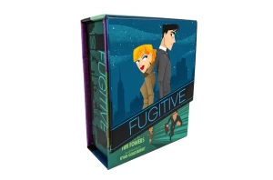 Box for the board game Fugitive showing a man and woman back to back against a cityscape background in blue tones