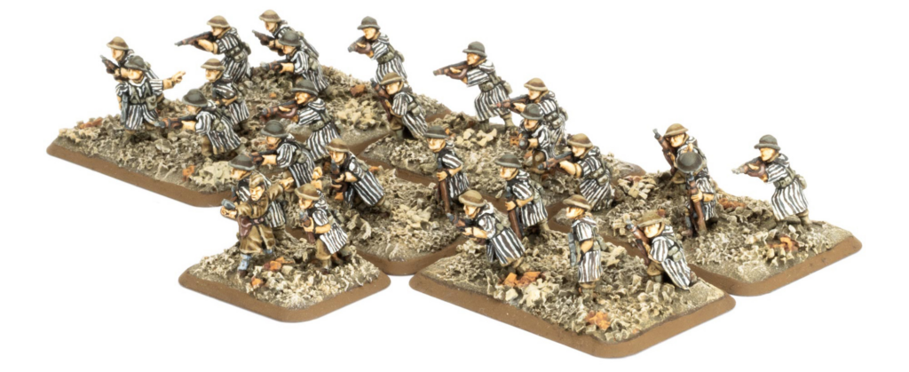 image Frontline Gaming Group of World War I–style toy soldiers in striped uniforms advancing over rubble on a diorama base.