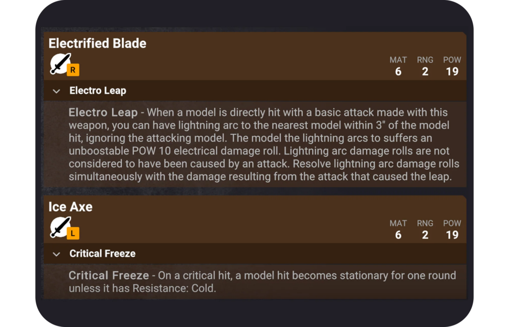 In-game item list showing Electrified Blade with MAT 6, RNG 2, POW 19 and the Electro Leap description beneath.