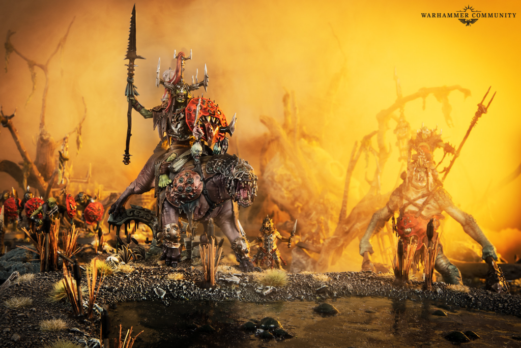 Green-skinned orc warlord on an armored beast, spear raised, leading a fiery battlefield of orcs and chaos.