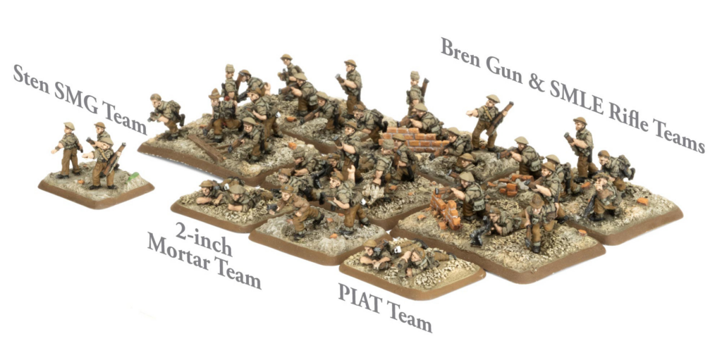 image Frontline Gaming Group of WWII-era miniature soldiers advancing over rubble; diorama shows labeled weapon teams (Sten SMG, Bren Gun & SMLE, 2-inch Mortar, PIAT).