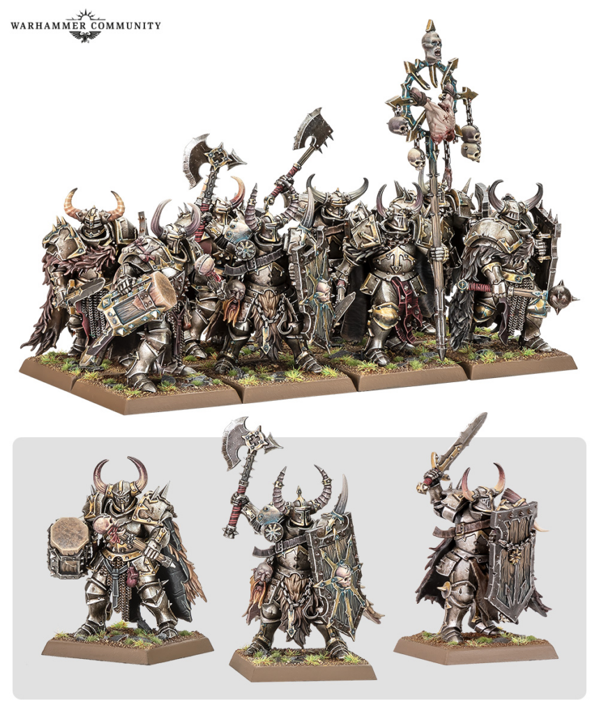 Warhammer Chaos soldiers in heavy armor with skull motifs, weapons, and a tall banner, arranged as a unit on bases.
