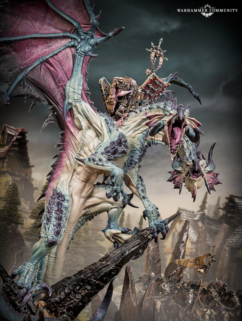 A towering teal dragon with pink wings roars, ridden by an armored figure, leading a dark fantasy army through ruined streets and jagged rocks.
