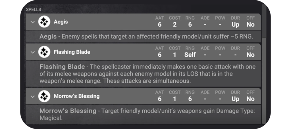 image Frontline Gaming Screenshot of a spell list UI showing spells like Aegis, Flashing Blade, and Morrow's Blessing with stat columns and a descriptive panel below.