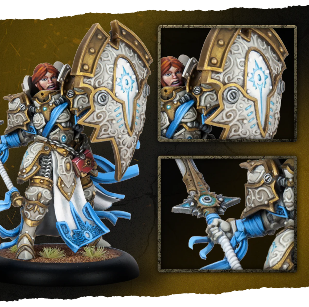 image Frontline Gaming Ornate armored fantasy knight miniature with a large ornate shield and blue accents, standing on a base with grass tufts.