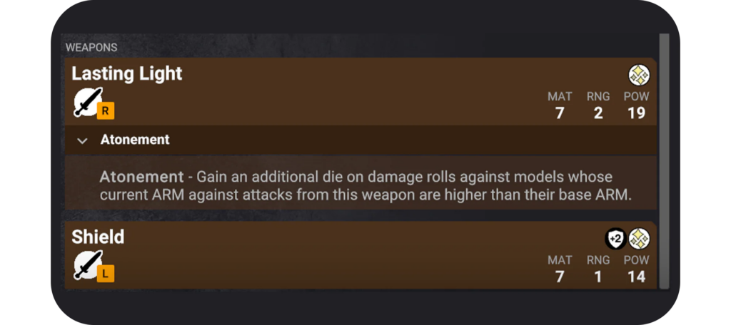image Frontline Gaming Weapon card for 'Lasting Light' showing its icon, rarity badge, and stats (MAT 7, RNG 2, POW 19) with an Atonement description below in a brown panel.