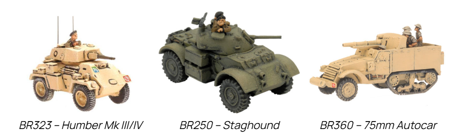image Frontline Gaming Three model armored vehicles displayed side by side: BR323 Humber Mk III/IV, BR250 Staghound, and BR360 75mm Autocar.