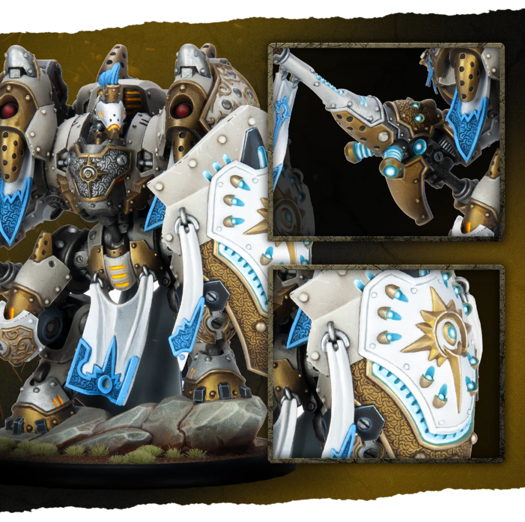 image Frontline Gaming Large ornate armored knight miniature with blue accents, standing on a rocky base; two inset panels show the shield and a weapon detail.