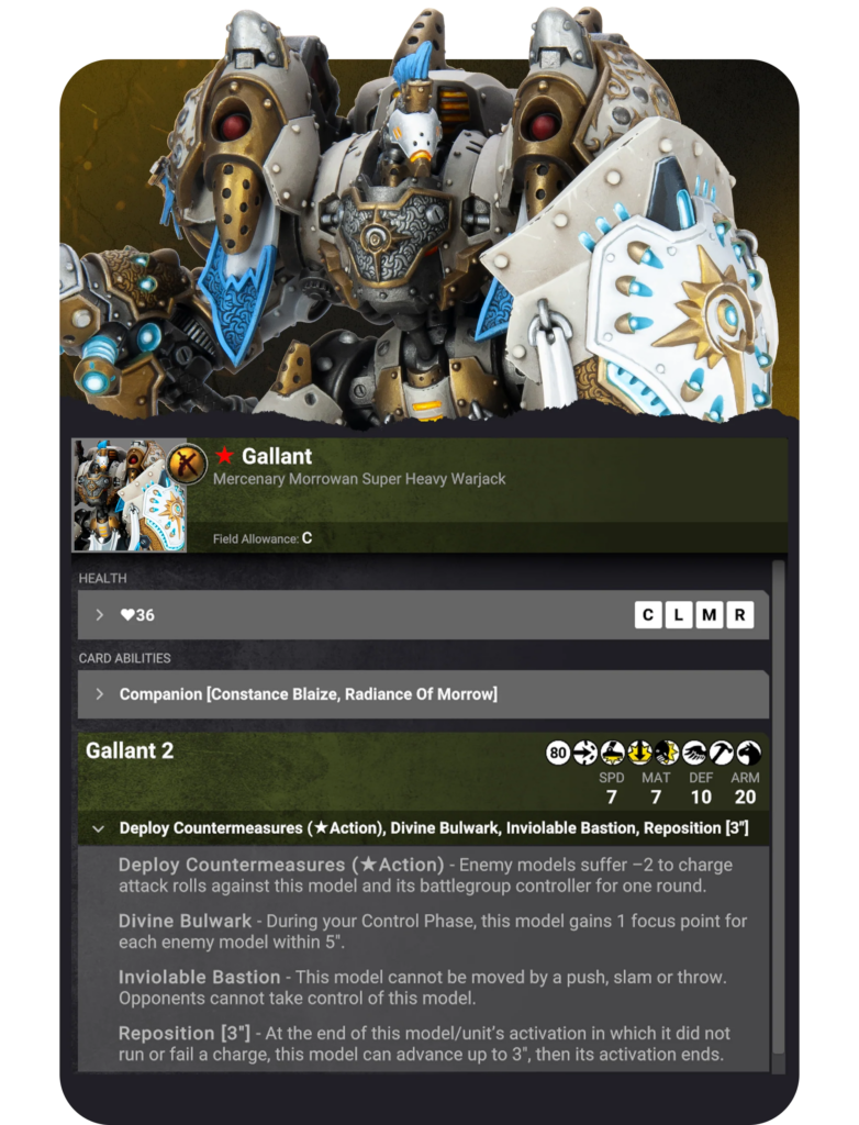 image Frontline Gaming Artwork of a bulky silver-and-bronze warjack with blue highlights and a large round shield, labeled 'Gallant' on a character card.