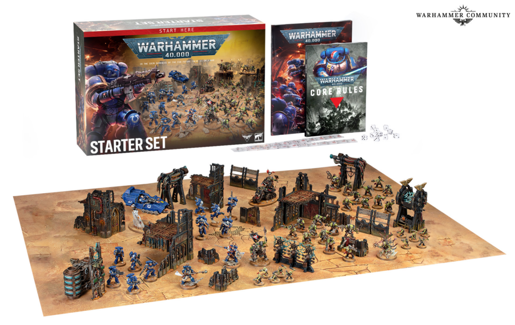 image Frontline Gaming Warhammer 40000 starter set with gaming box rulebook dice and miniatures on a terrain board