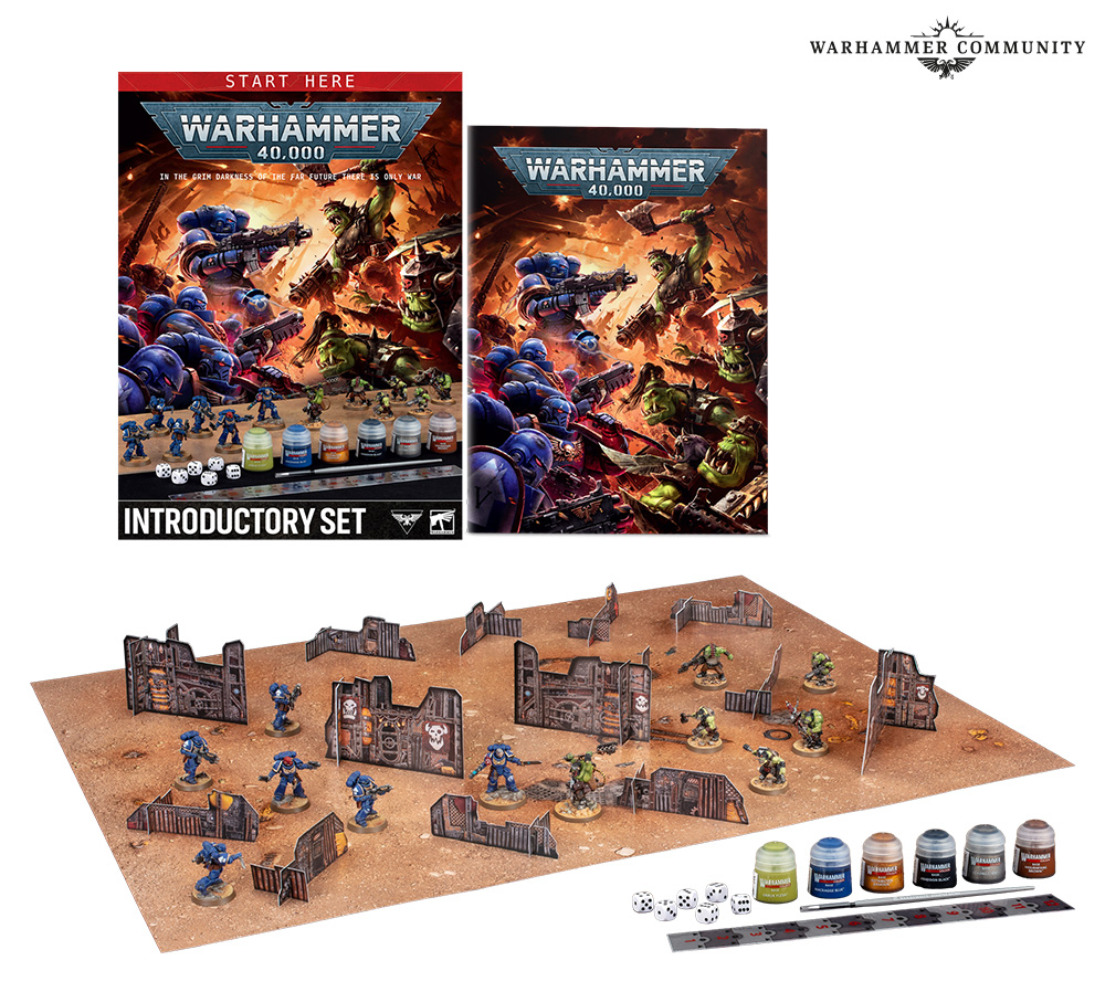 image Frontline Gaming Warhammer 40000 Introductory Set two rulebooks miniatures on a ruined terrain board plus paints dice and a measuring ruler