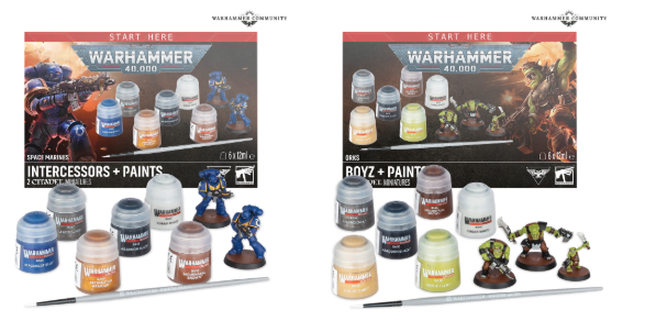 image Frontline Gaming Left Warhammer 40000 Intercessors with paints and brush set miniature figures and paint bottles on display in front of the boxs artwork
