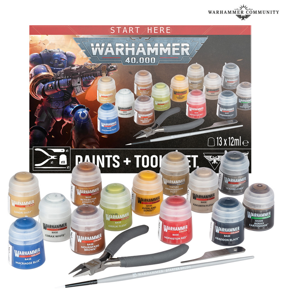 image Frontline Gaming Warhammer 40000 paints and tools starter set displayed with 13 base paints brushes and pliers in front of the box