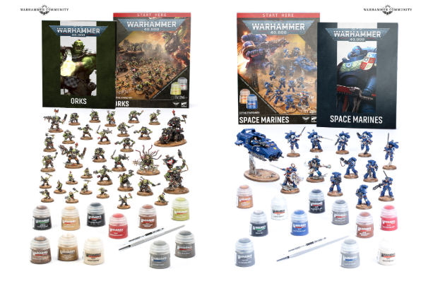 image Frontline Gaming Two Warhammer 40000 hobby setups Orks on the left and Space Marines on the right with miniatures paints and brushes displayed