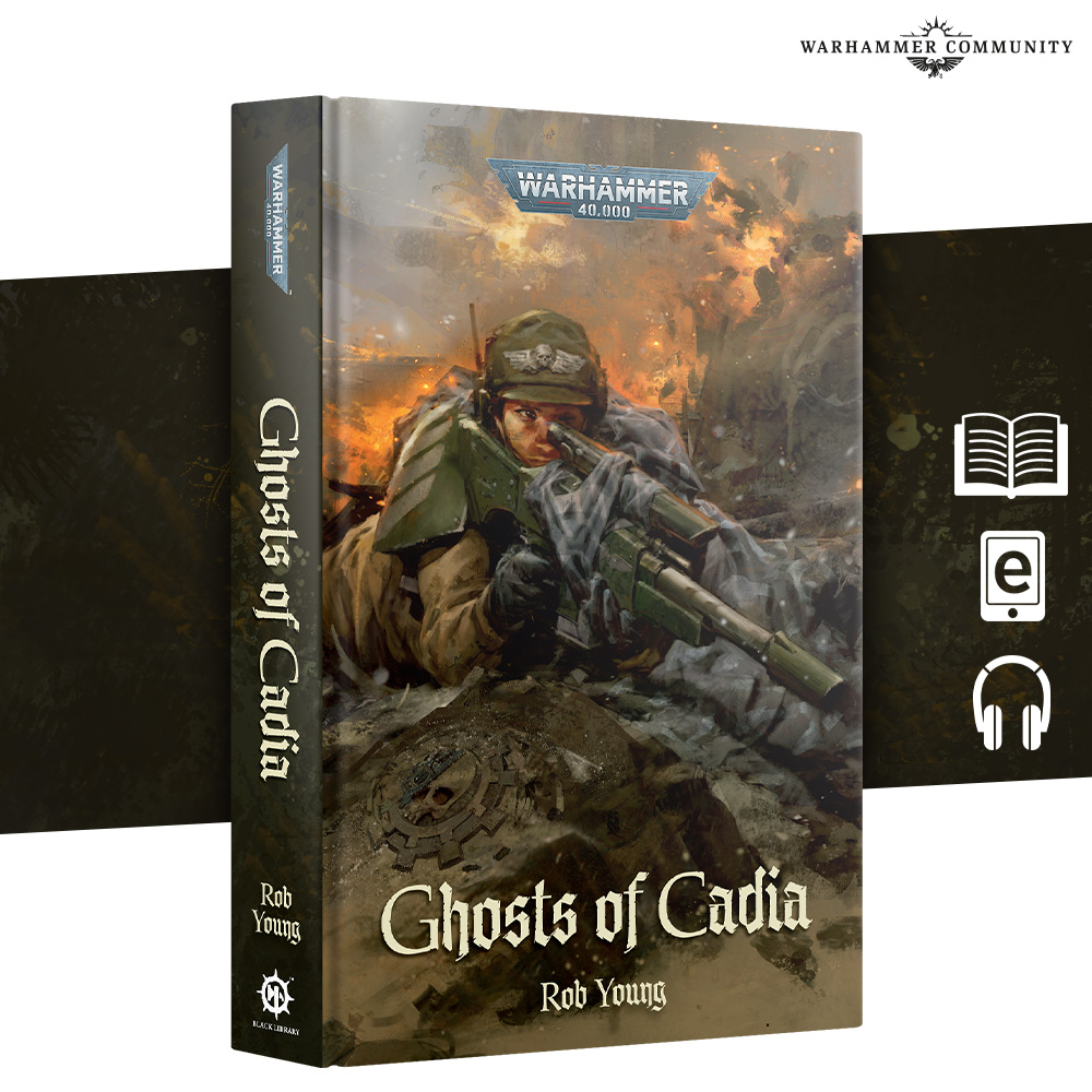 image Frontline Gaming Book cover for Ghosts of Cadia by Rob Young a Warhammer 40000 novel showing a battle scarred soldier aiming a rifle amid fire and smoke