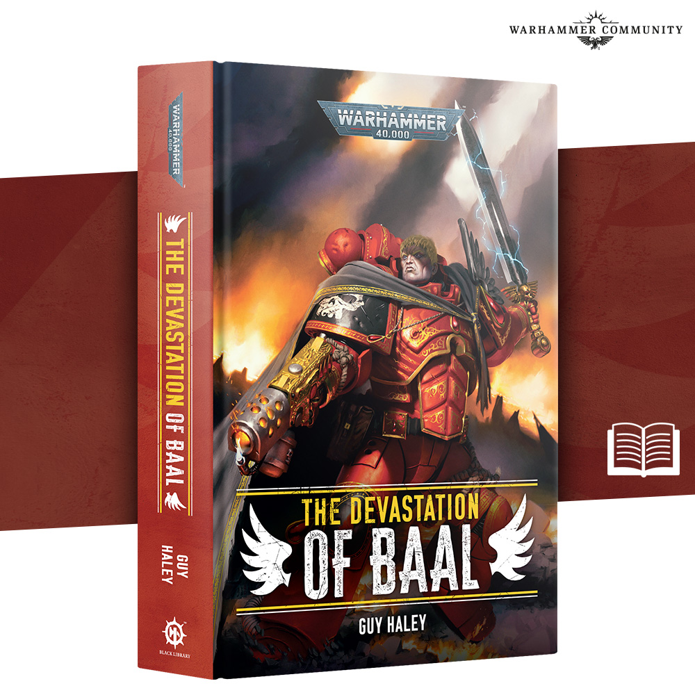 image Frontline Gaming Hardcover Warhammer 40000 novel The Devastation of Baal showing a red armored Space Marine amid flames with a swordsman motif on the cover