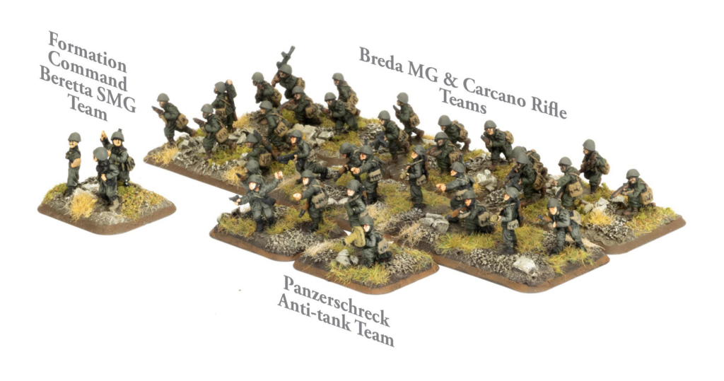 image Frontline Gaming Diorama of multiple WWII-era infantry miniatures advancing across rocky, grassy terrain on a base plate.