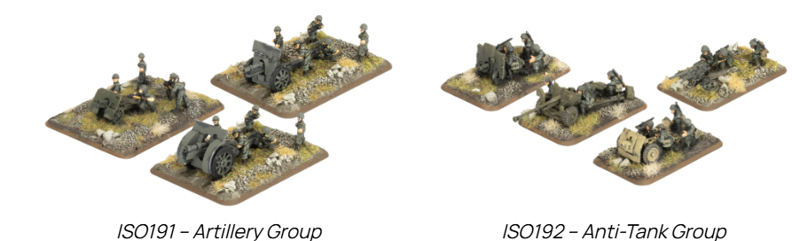 image Frontline Gaming Two groups of WWII-era military miniatures on diorama bases: IS0191 Artillery Group with a field cannon and crew; IS0192 Anti-Tank Group with an anti-tank gun, vehicles, and crew.