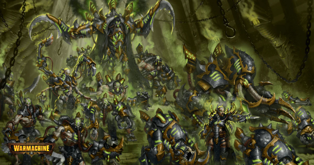 Chaotic battle scene with armored green skinned warriors clashing in a smoky green lit dungeon backdrop