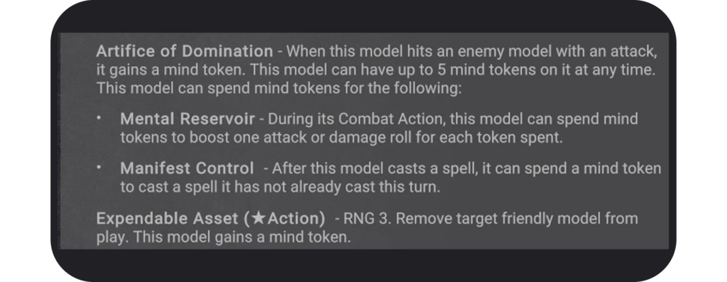 Slide titled Artifice of Domination describing a model that gains mind tokens bullets cover Mental Reservoir Manifest Control Expendable Asset and removing a target friendly model to gain a mind token