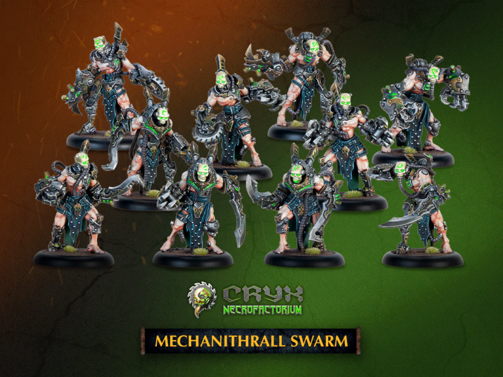 Group of Cryx Mechanithrall Swarm miniatures posed on round bases with a dark gradient background and the Cryx NecroFactory logo beneath them