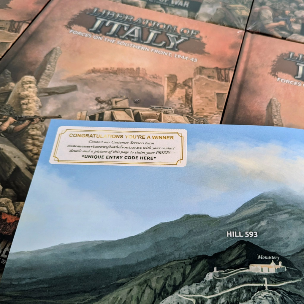 image Frontline Gaming Close-up of a WWII-themed poster reading 'Liberation of Italy' with 'Forces on the Southern Front: 1944-45' over a dusty landscape of ruins and hills in the background.