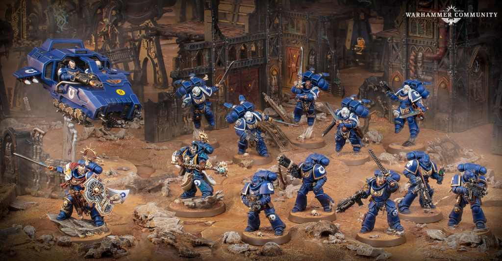 Ultramarines battle group in blue armor fighting inside a ruined industrial fortress a blue vehicle hovers on the left