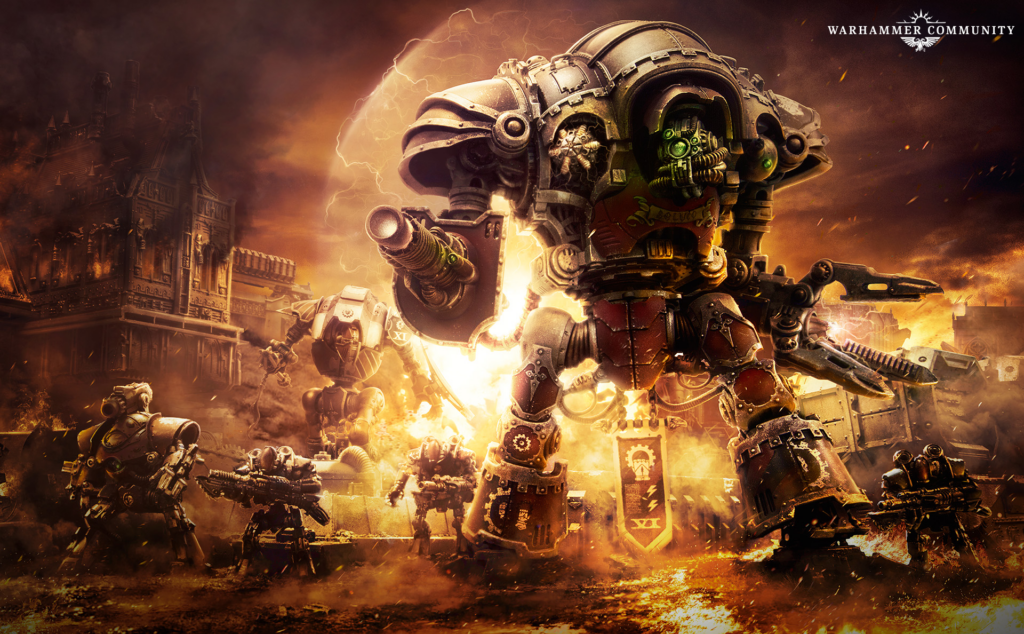 A colossal armored war machine fires a cannon amid a fiery chaotic battlefield with infantry advancing below