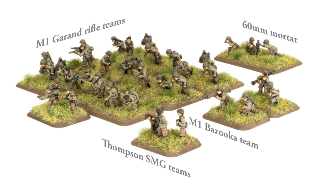 image Frontline Gaming Group of WWII US infantry miniatures on grassy bases with curved labels naming squads (M1 Garand teams, 60mm mortar, bazooka team). Creatures of a tabletop diorama.
