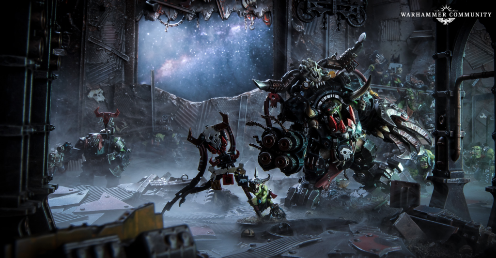 image Frontline Gaming Orc warriors clash with a towering weaponized machine amid a ruined smoky factory battleground under a starry sky