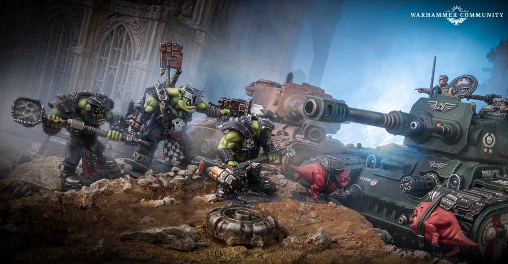 image Frontline Gaming Orc lash through rubble as green skinned warriors charge a massive tank in a ruined battlefield