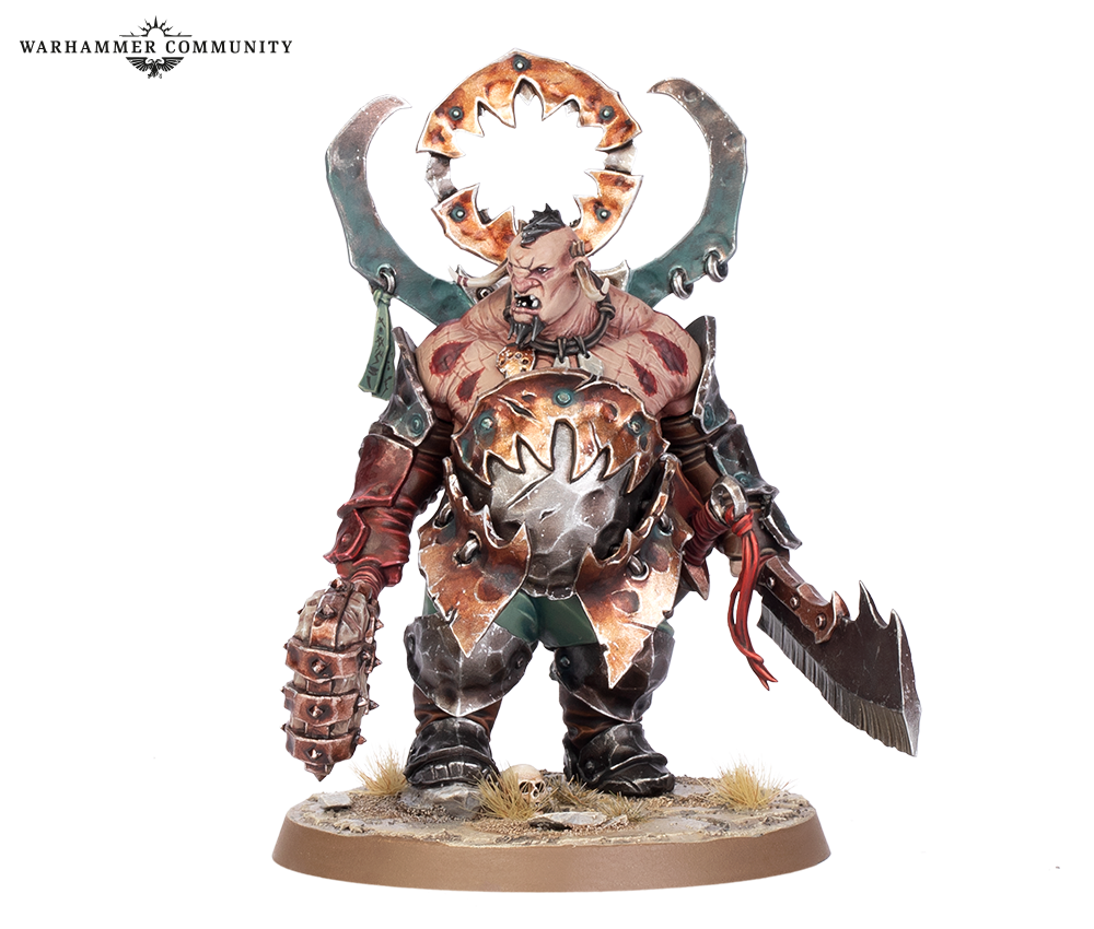 image Frontline Gaming Warhammer miniature demon warrior in rusted armor with a jagged circular saw motif wielding a spiked gauntlet and a large serrated axe standing on a base