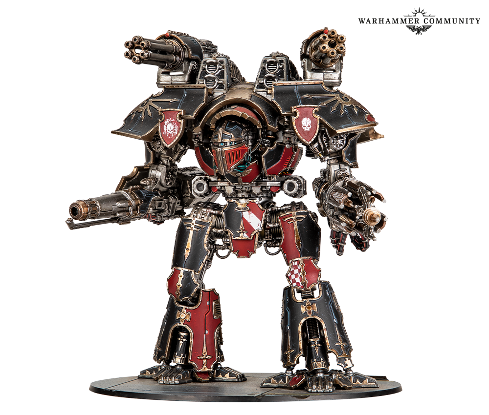 image Frontline Gaming Warhammer 40k warrior dreadnoughtmecha with black and red armor twin bulky shoulder mounted guns standing on a round base with ornate gold details and skull insignias