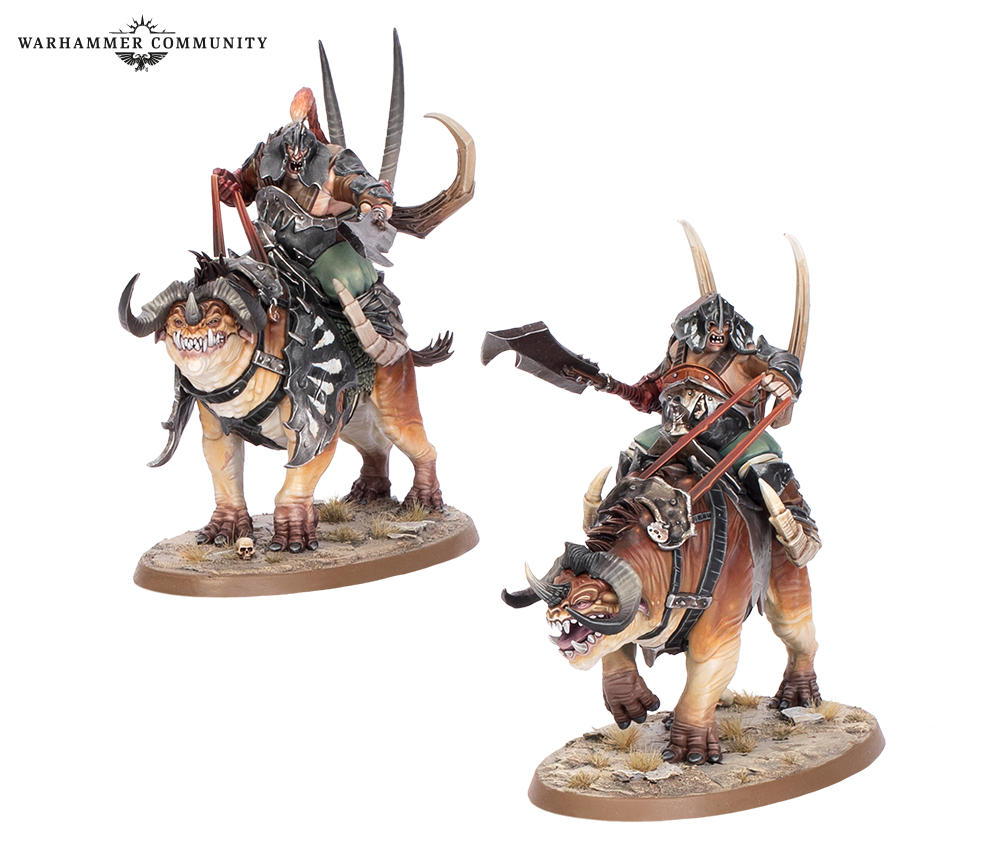 image Frontline Gaming Two heavily armored riders on horned tusked beasts with axes mounted on rocky bases Warhammer miniature set