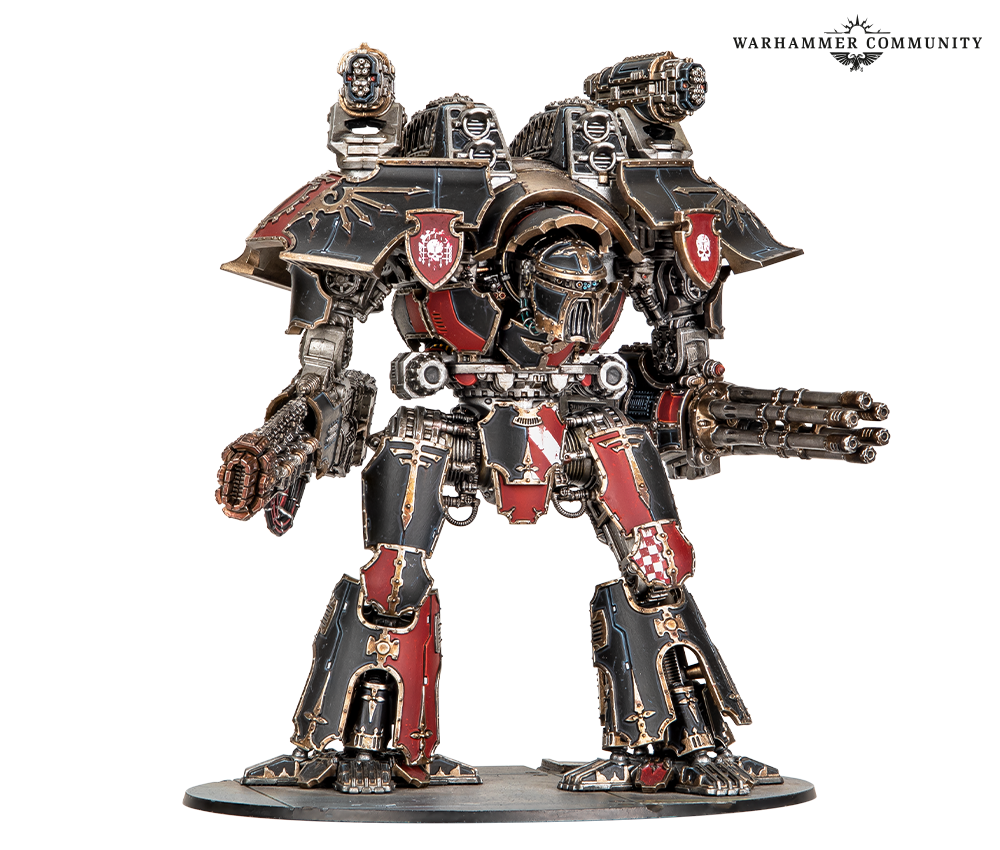 image Frontline Gaming Detailed Warhammer 40k armored battle suit miniature with redblack plating and twin shoulder cannons on a round display base