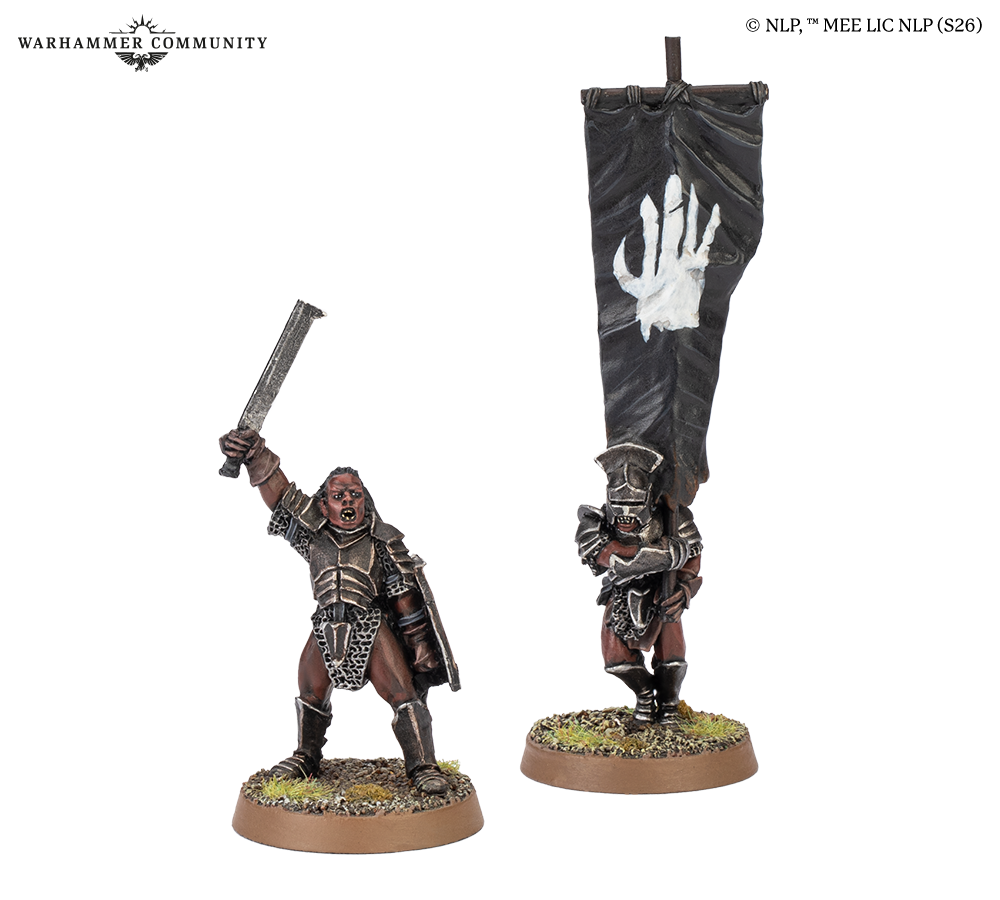 image Frontline Gaming Two painted Warhammer fantasy miniatures on round bases a warrior raises a broad sword in one hand shield on the other wearing dark armor beside him a standard bearer holds a tall banner with a white claw emblem