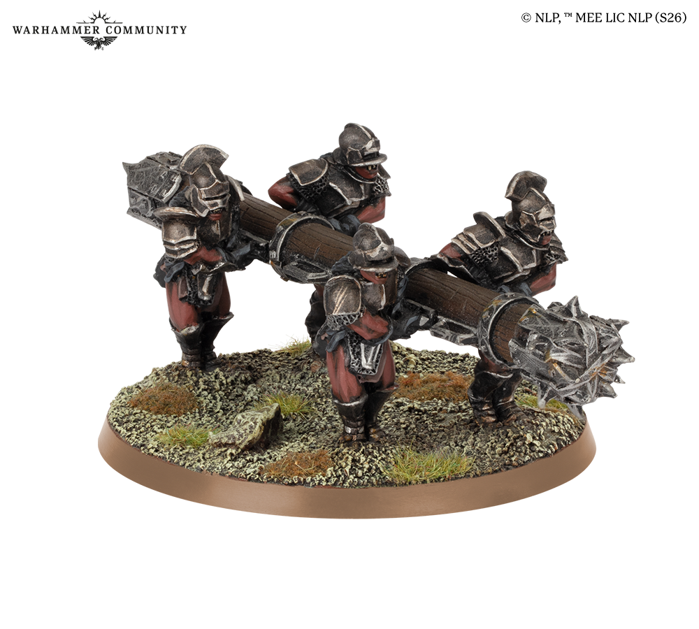 image Frontline Gaming Four heavily armored dwarven soldiers bear a spiked cannon on a rocky grassy diorama