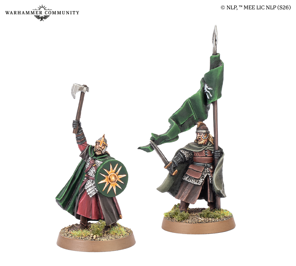 image Frontline Gaming Two Warhammer miniatures left knight with axe and sun emblazoned shield green cloak right armored warrior with spear and green banner