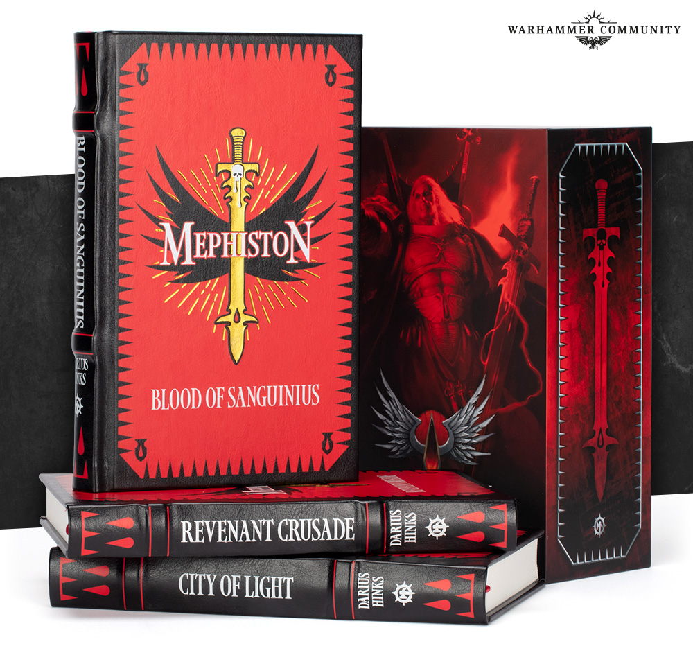 image Frontline Gaming Warhammer book set with a red Mephiston Blood of Sanguinius cover standing upright flanked by two black spines on a white background