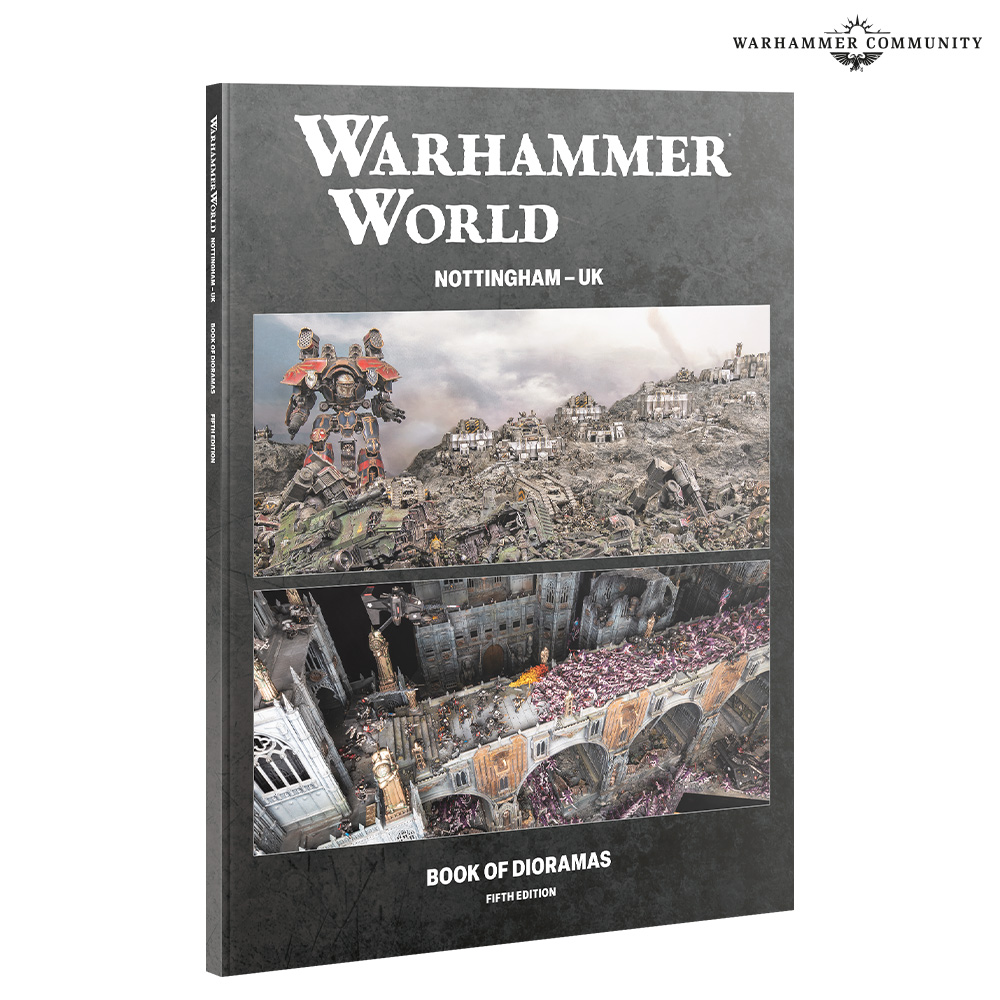 image Frontline Gaming Book cover for Warhammer World Book of Dioramas Fifth Edition showing two diorama panels of battle scenes in a ruined city