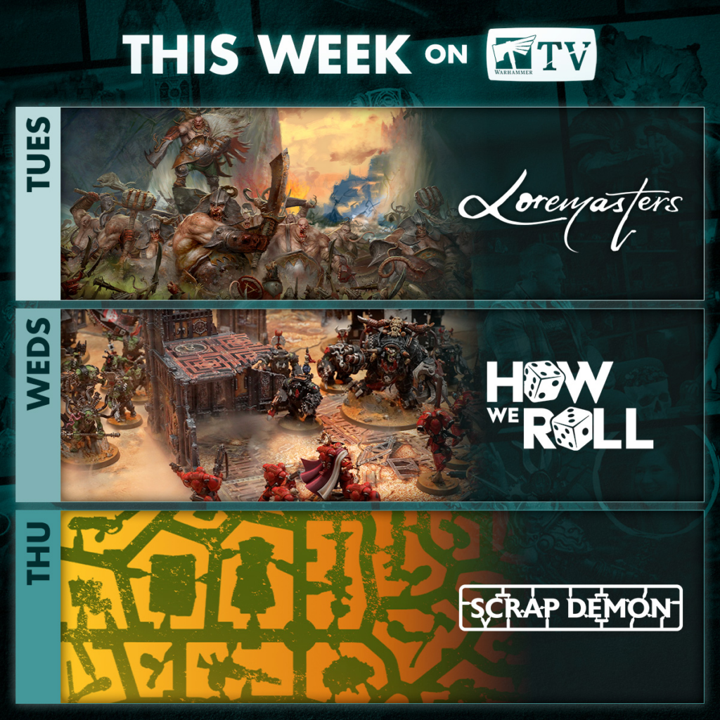 image Frontline Gaming Banner for This Week on Warhammer TV Tuesday Loremasters fantasy battle Wednesday How We Roll with dice Thursday Scrap Demon map art