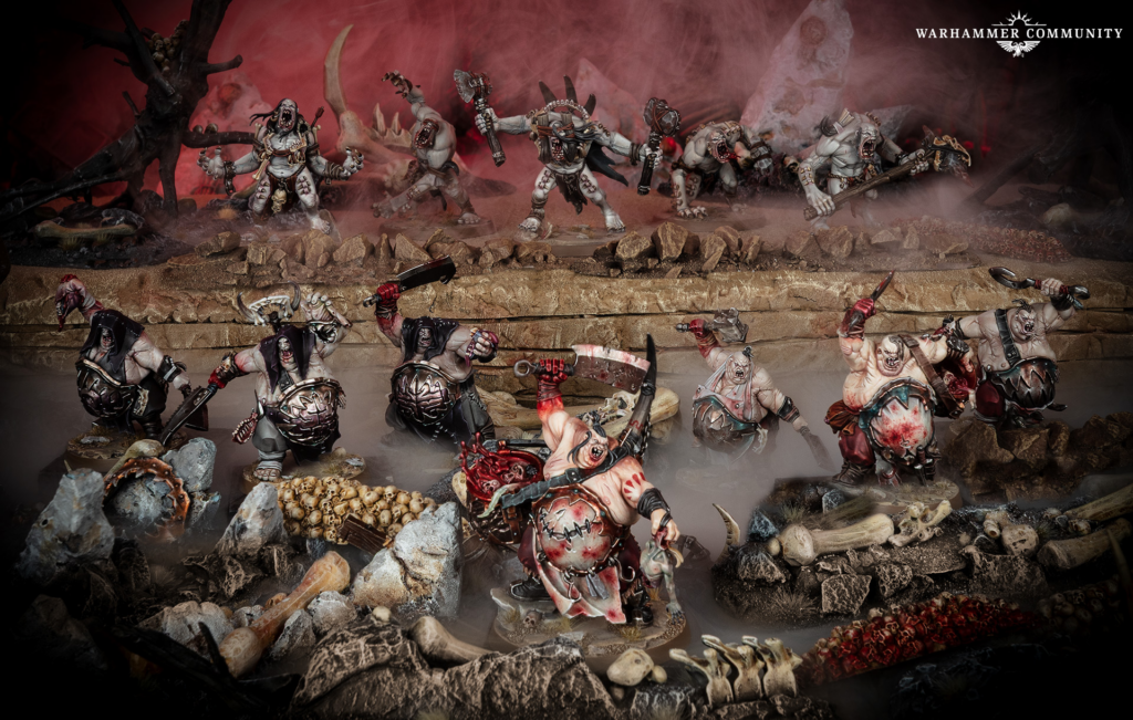 Orc and demon warriors clash on a rocky battlefield with red smoky backdrop ruins and bones scattered around