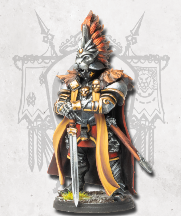 image Frontline Gaming Fantasy armored warrior miniature with orange plume silver armor and gold accents gripping a long sword yellow cape on a textured base
