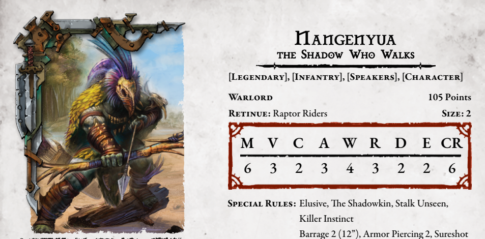 image Frontline Gaming Character card for Hangenyua the Shadow Who Walks featuring a colorful bird haired warlord warrior on the left and a text stats panel on the right
