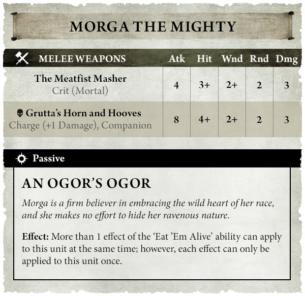 image Frontline Gaming Character card for Morga the Mighty two melee weaponsThe Meatfist Masher and Gruttas Horn and Hooveswith their attack hit wound rend damage values below a Passive section titled AN OGORS OGOR with flavor text describing the bite and the Eat Em Alive effect