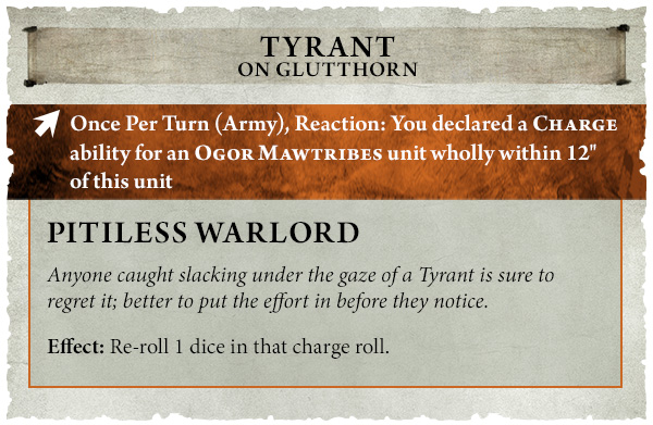 image Frontline Gaming Tabletop game card Pitiless Warlord with an orange banner reaction rule and the text Effect Re roll 1 dice in that charge roll