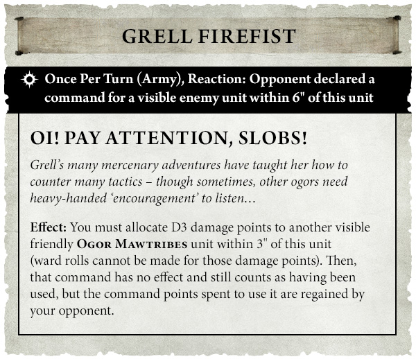 image Frontline Gaming Tabletop game card titled Grell Firefist with a black banner reading a Once Per Turn Army Reaction rule and a bold heading Oi Pay Attention Slobs describing a damage allocation effect to Ogor Mawtribes within range