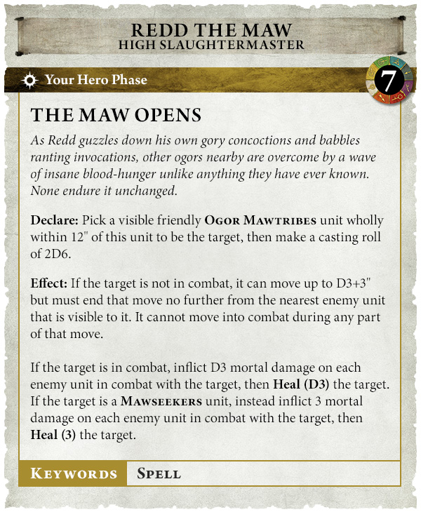 image Frontline Gaming Redd the Maw card titled The Maw Opens with rules pick a visible Ogre Mawtribes unit within 12 inches roll 2D6 and apply damage or healing per the targets combat status Includes Declare and Effect sections and a KeywordsSpell bar