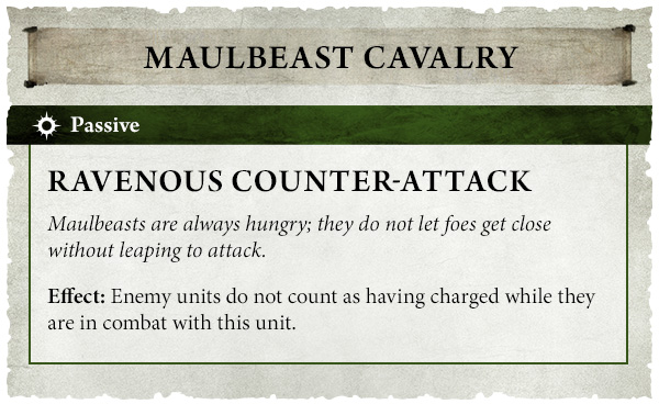 image Frontline Gaming Maulbeast Cavalry card Passive Ravenous Counter Attack flavor text about hungry maulbeasts effect enemies do not count as having charged in combat