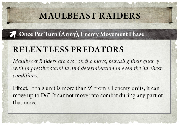 image Frontline Gaming Game card titled Maulbeast Raiders with Relentless Predators ability and flavor text about moving up to D6 if distant from enemies